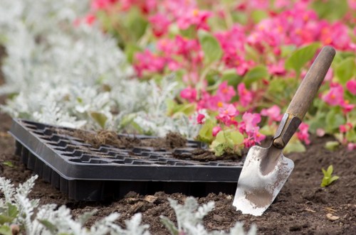 North Sheen landscape gardening project with paving, borders, and greenery